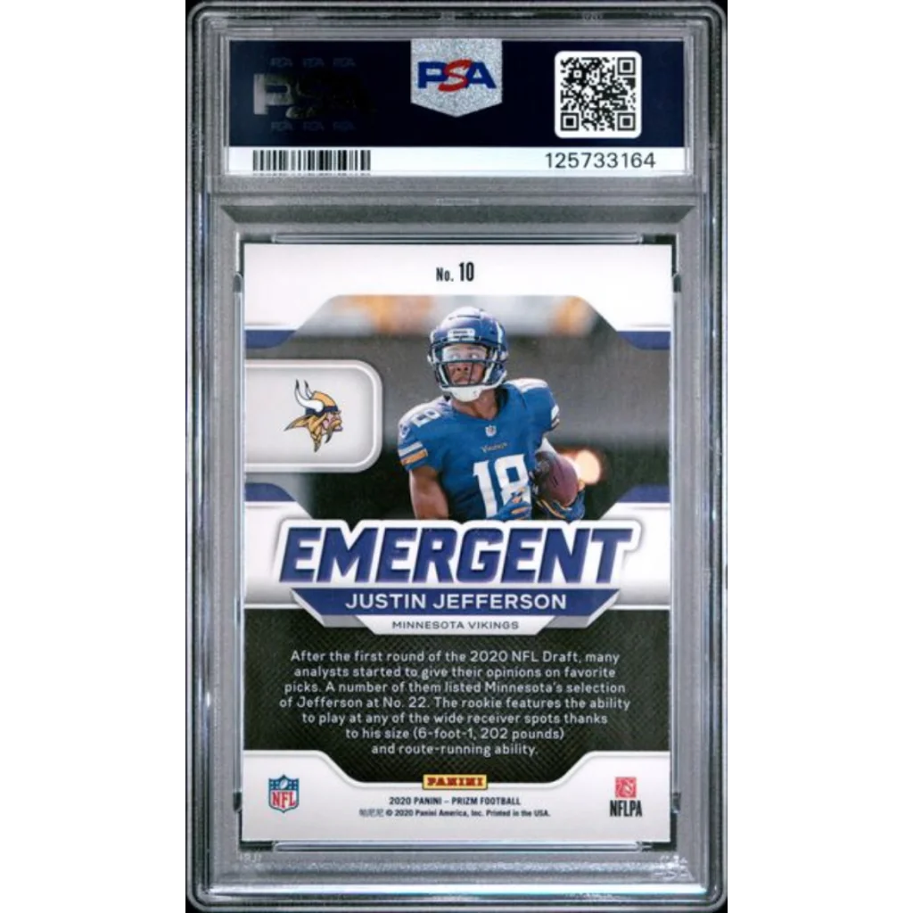 Graded 2020 Panini Prizm Justin Jefferson #10 Emergent Rookie RC Football Card PSA 10 Gem Mint | PSA 10 Gem Mint Graded Rookie Card | vintageantiquesgifts.com