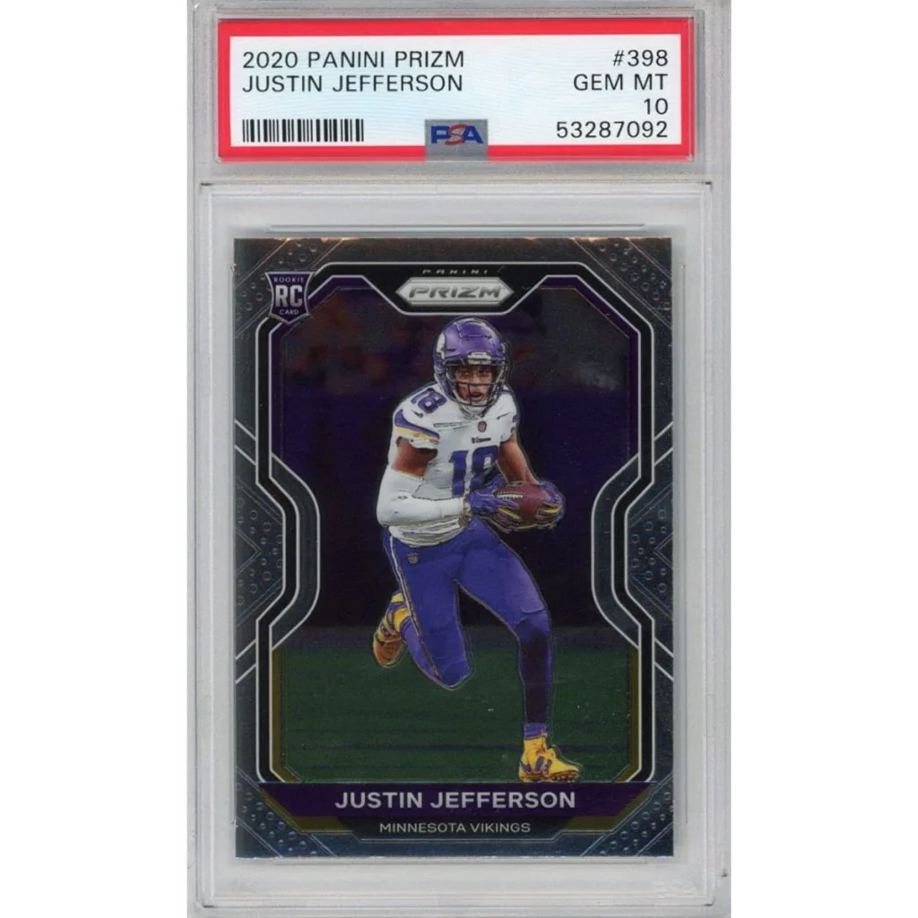 A graded 2020 Panini Prizm Justin Jefferson rookie football card by Professional Sports Authenticator