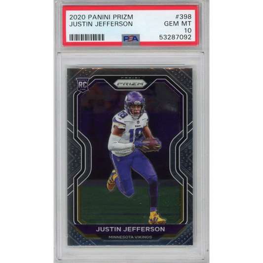 A graded 2020 Panini Prizm Justin Jefferson rookie football card by Professional Sports Authenticator
