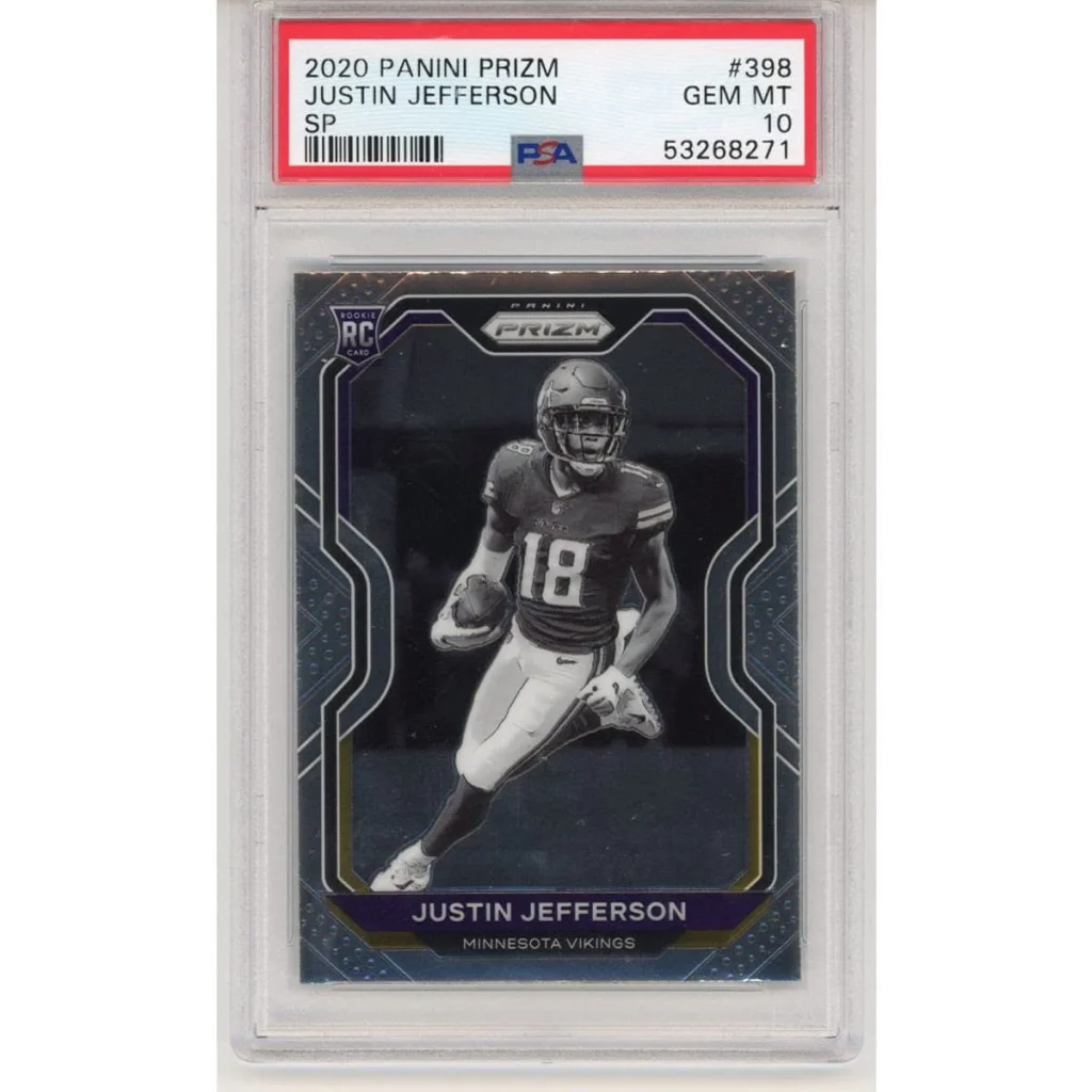 PSA graded 2020 Panini Prizm Justin Jefferson rookie card on display