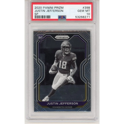 PSA graded 2020 Panini Prizm Justin Jefferson rookie card on display