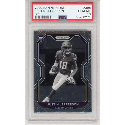 PSA graded 2020 Panini Prizm Justin Jefferson rookie card on display