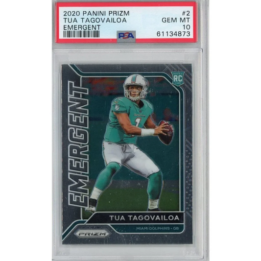 Graded 2020 Panini Prizm Tua Tagovailoa #2 Emergent Rookie RC Football Card PSA 10 Gem Mint | Hall of Fame Sports Memorabilia | vintageantiquesgifts.com