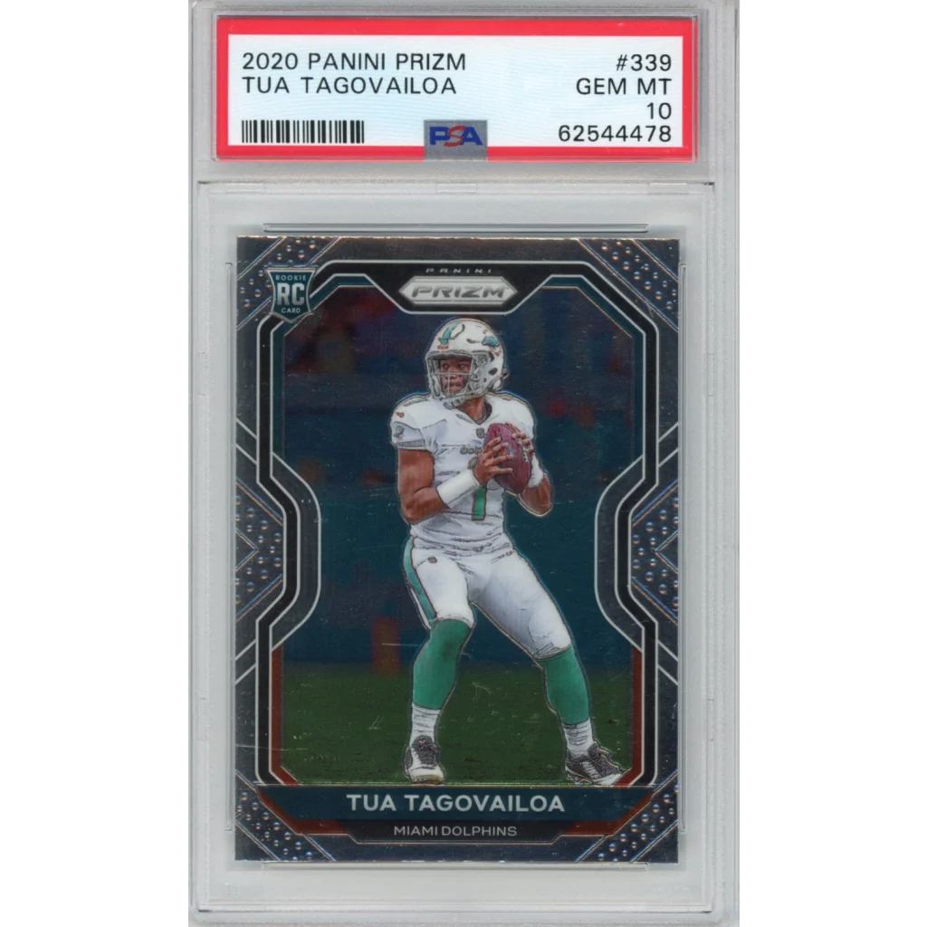 Graded 2020 Panini Prizm Tua Tagovailoa rookie football card in PSA case