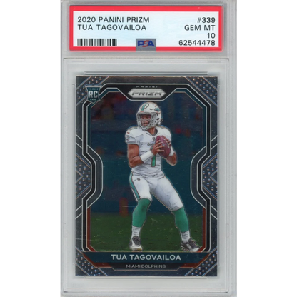 Graded 2020 Panini Prizm Tua Tagovailoa rookie football card in PSA case
