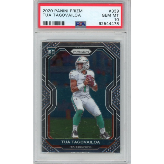 Graded 2020 Panini Prizm Tua Tagovailoa rookie football card in PSA case