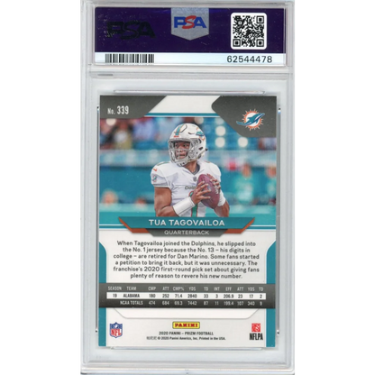A graded Tua Tagovailoa 2020 Panini Prizm rookie football card in PSA case