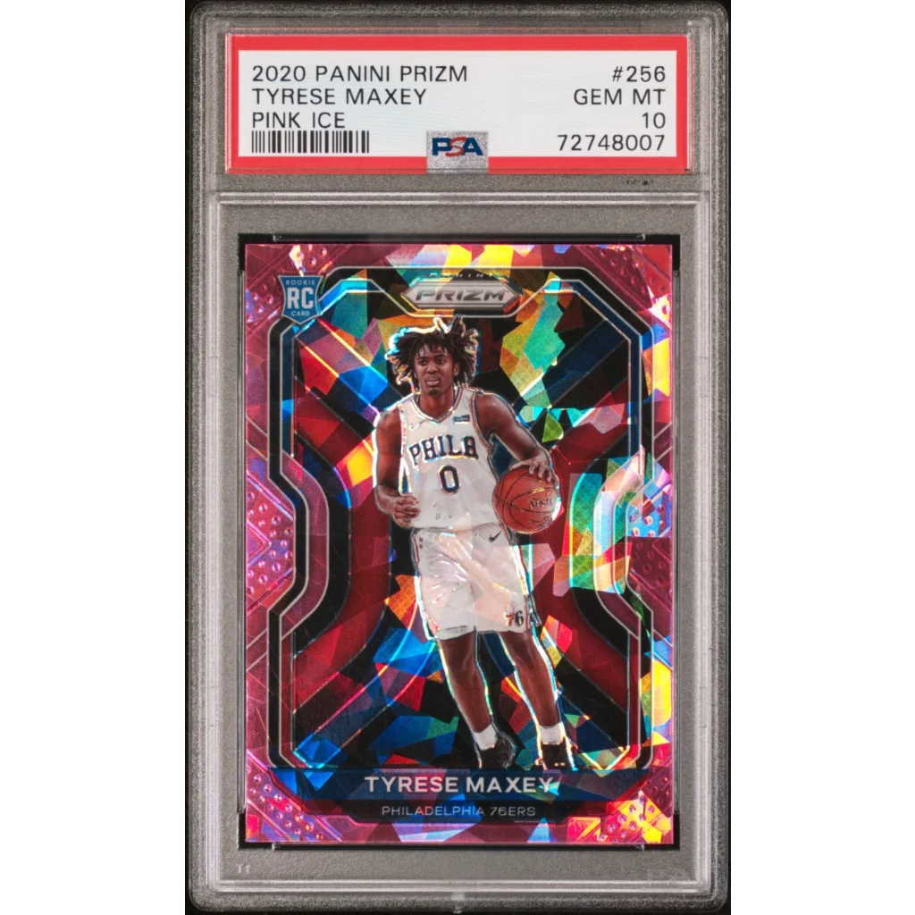 Tyrese Maxey PSA graded Prizm rookie card in white jersey on holographic background