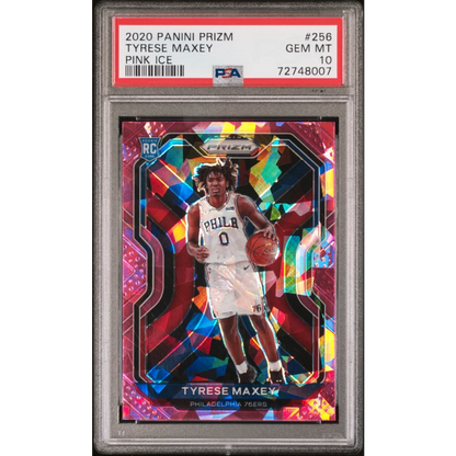 Tyrese Maxey PSA graded Prizm rookie card in white jersey on holographic background