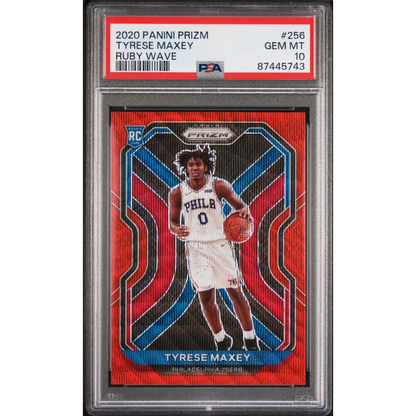PSA graded Panini Prizm Tyrese Maxey Ruby Wave Rookie Card showcasing prizm tyrese maxey style