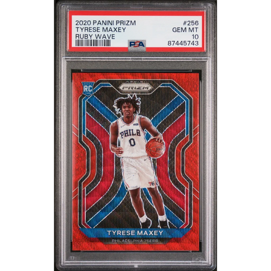 PSA graded Panini Prizm Tyrese Maxey Ruby Wave Rookie Card showcasing prizm tyrese maxey style