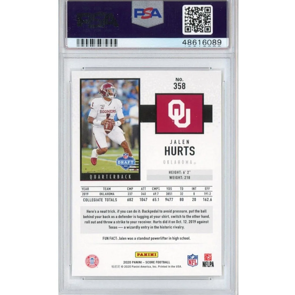 Graded PSA 10 back of 2020 Panini Score Jalen Hurts #358 rookie card with Oklahoma Sooners logo