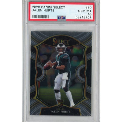 A graded 2020 Panini Select Jalen Hurts rookie card PSA GEM MT 10