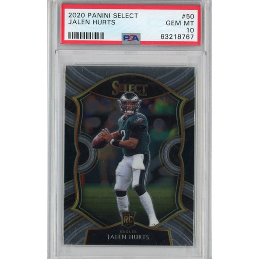 A graded 2020 Panini Select Jalen Hurts rookie card PSA GEM MT 10