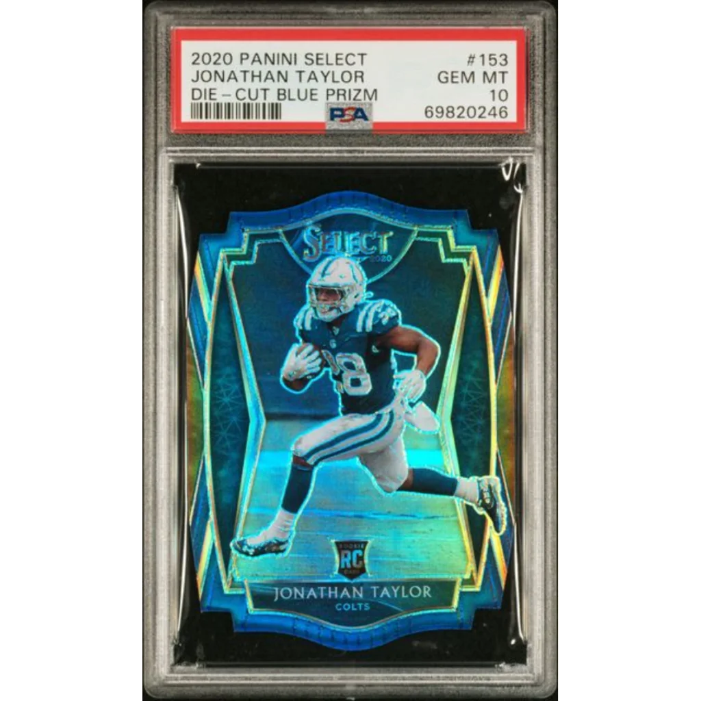 Graded 2020 Panini Select Jonathan Taylor #153 Die Cut Blue Prizm Rookie RC Football Card PSA 10 Gem Mint | Hall of Fame Sports Memorabilia | vintageantiquesgifts.com
