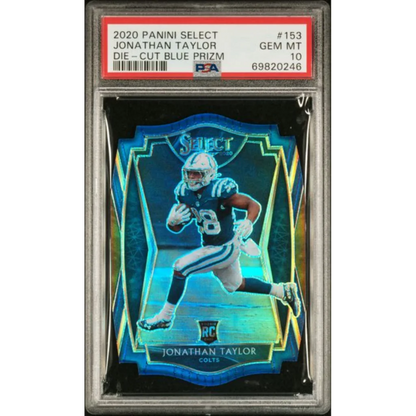 Graded 2020 Panini Select Jonathan Taylor #153 Die Cut Blue Prizm Rookie RC Football Card PSA 10 Gem Mint | Hall of Fame Sports Memorabilia | vintageantiquesgifts.com
