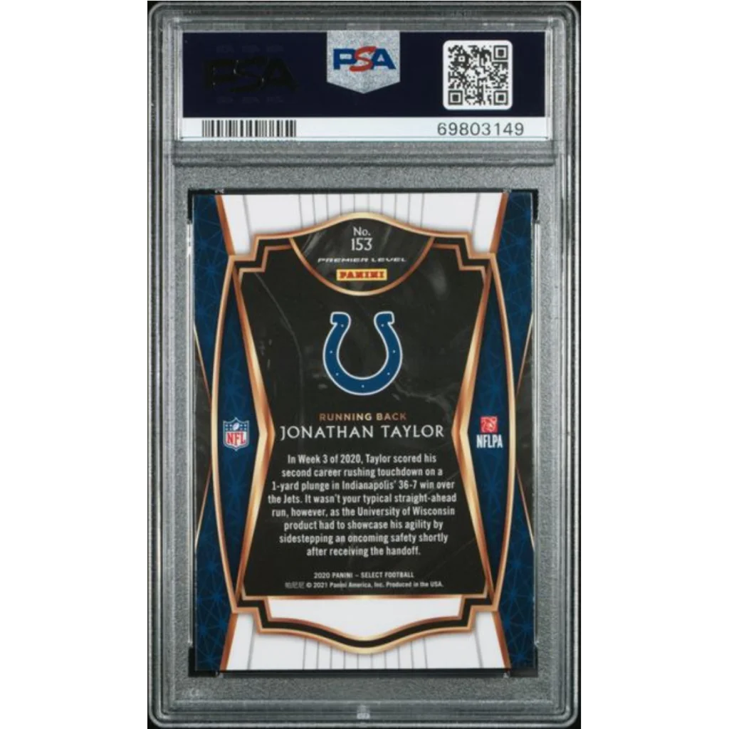 Graded 2020 Panini Select Jonathan Taylor #153 Rookie RC Football Card PSA 10 Gem Mint | PSA 10 Gem Mint Graded Rookie Card | vintageantiquesgifts.com