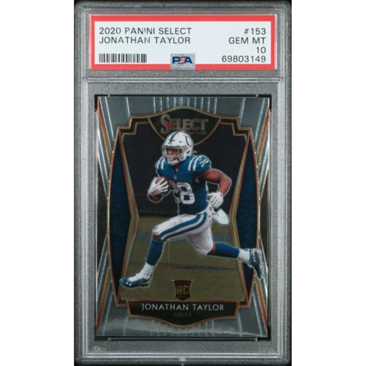 Graded 2020 Panini Select Jonathan Taylor #153 Rookie RC Football Card PSA 10 Gem Mint | Hall of Fame Sports Memorabilia | vintageantiquesgifts.com