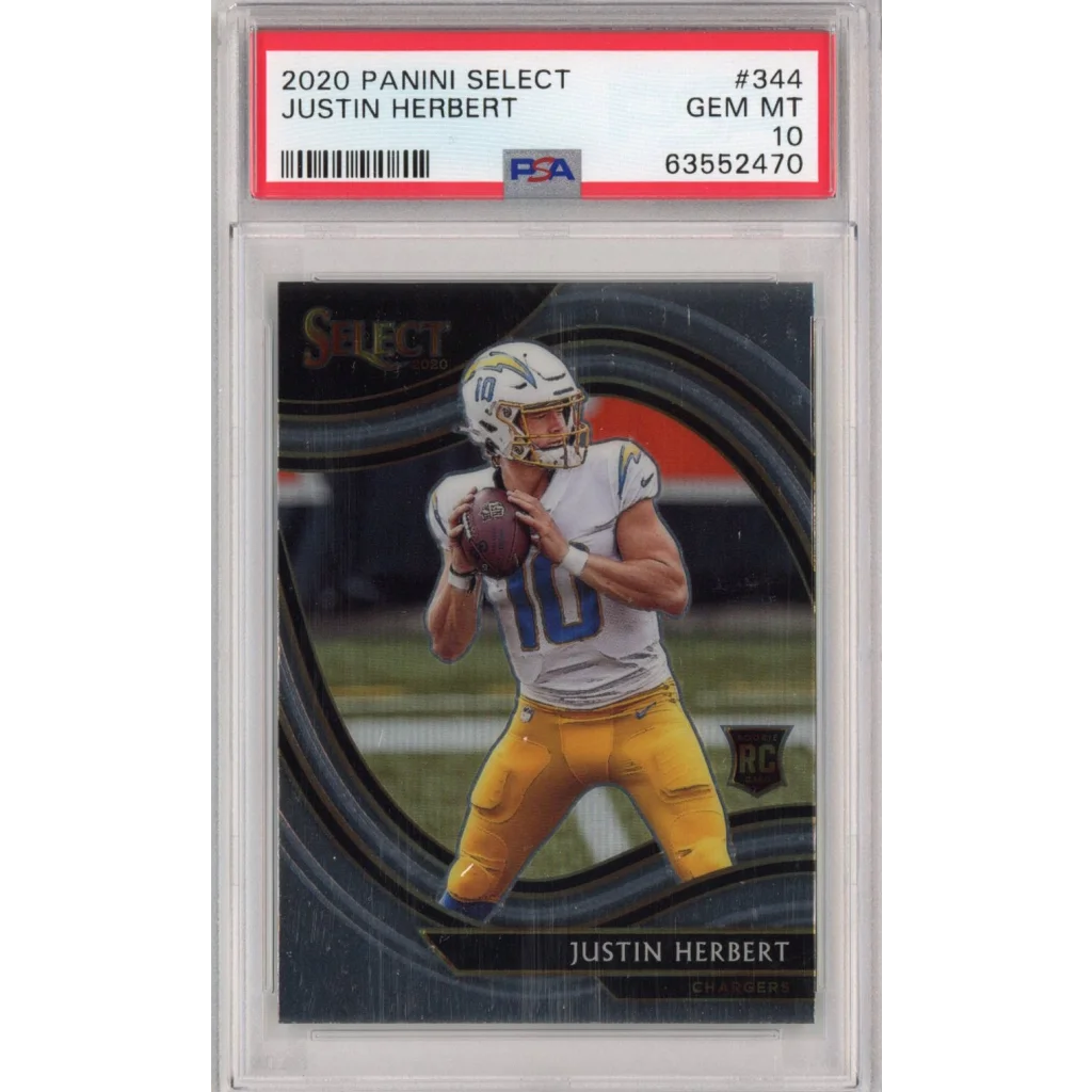 2020 Panini Select Justin Herbert Rookie Card PSA GEM MT 10 in a product display