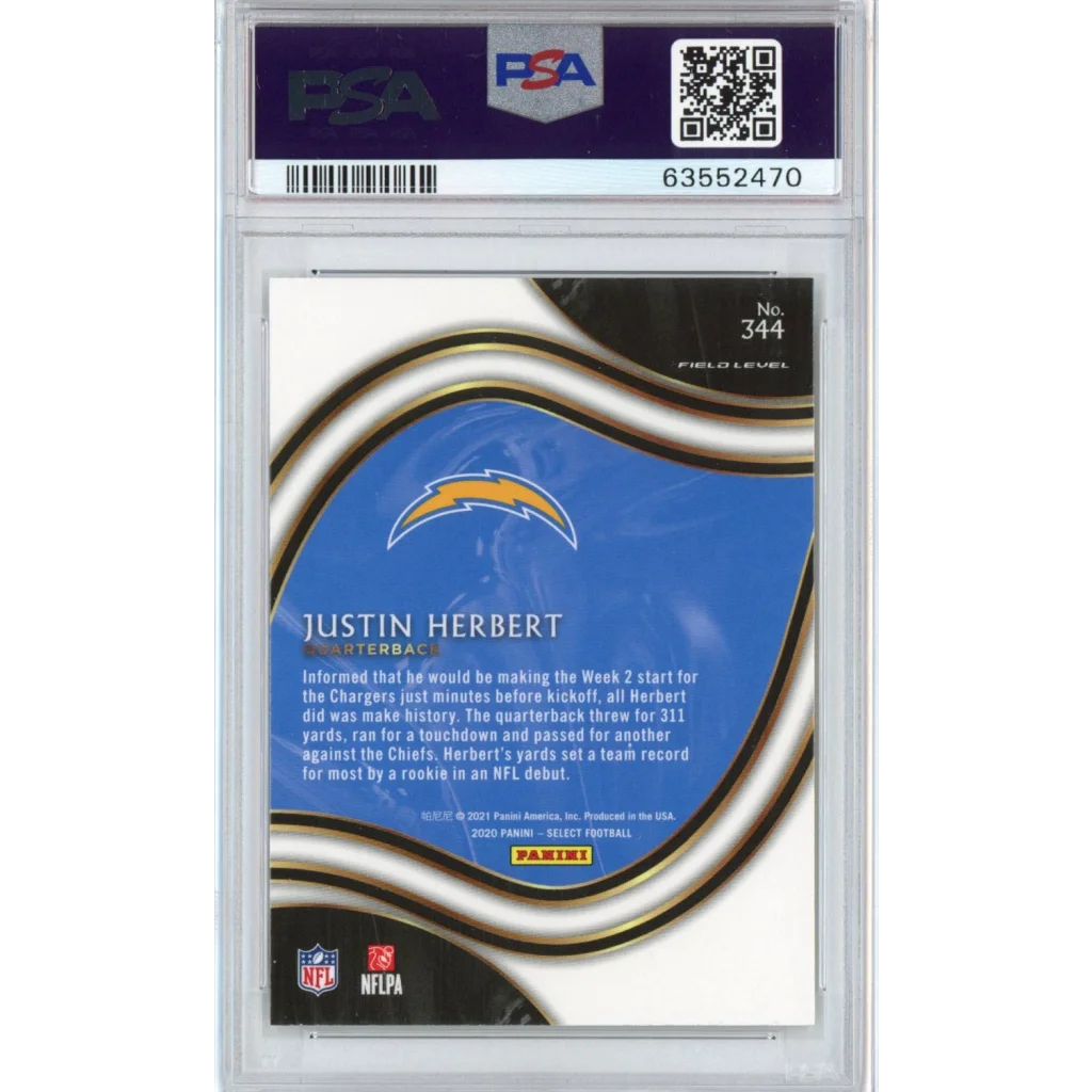Graded 2020 Panini Select Justin Herbert #344 Certified Rookie RC Football Card PSA 10 Gem Mint | PSA 10 Gem Mint Graded Rookie Card | vintageantiquesgifts.com