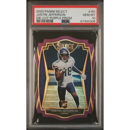 PSA Graded Justin Jefferson Purple Prizm Rookie Card Die Cut showing a graded 2020 Panini Select card