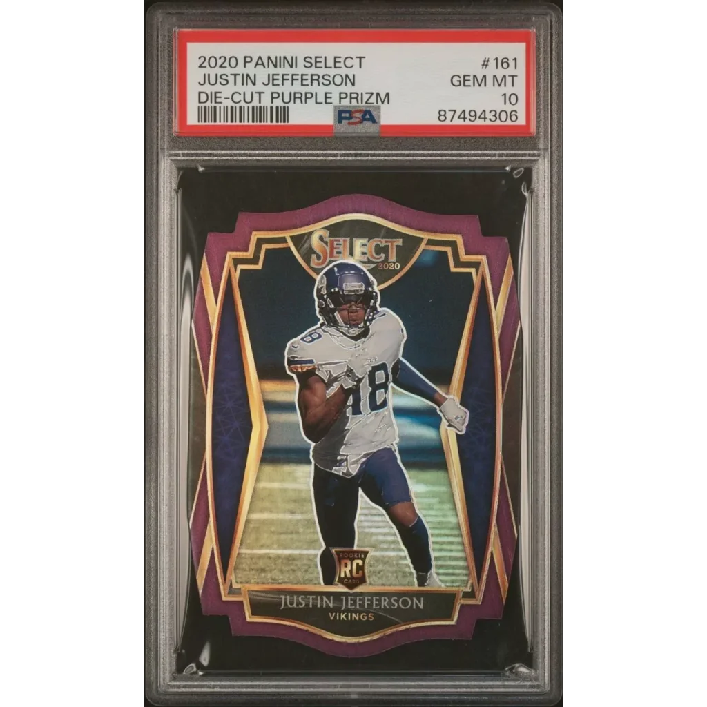 Graded PSA 10 GEM MT 2020 Panini Select Justin Jefferson #161 Purple Prizm RC