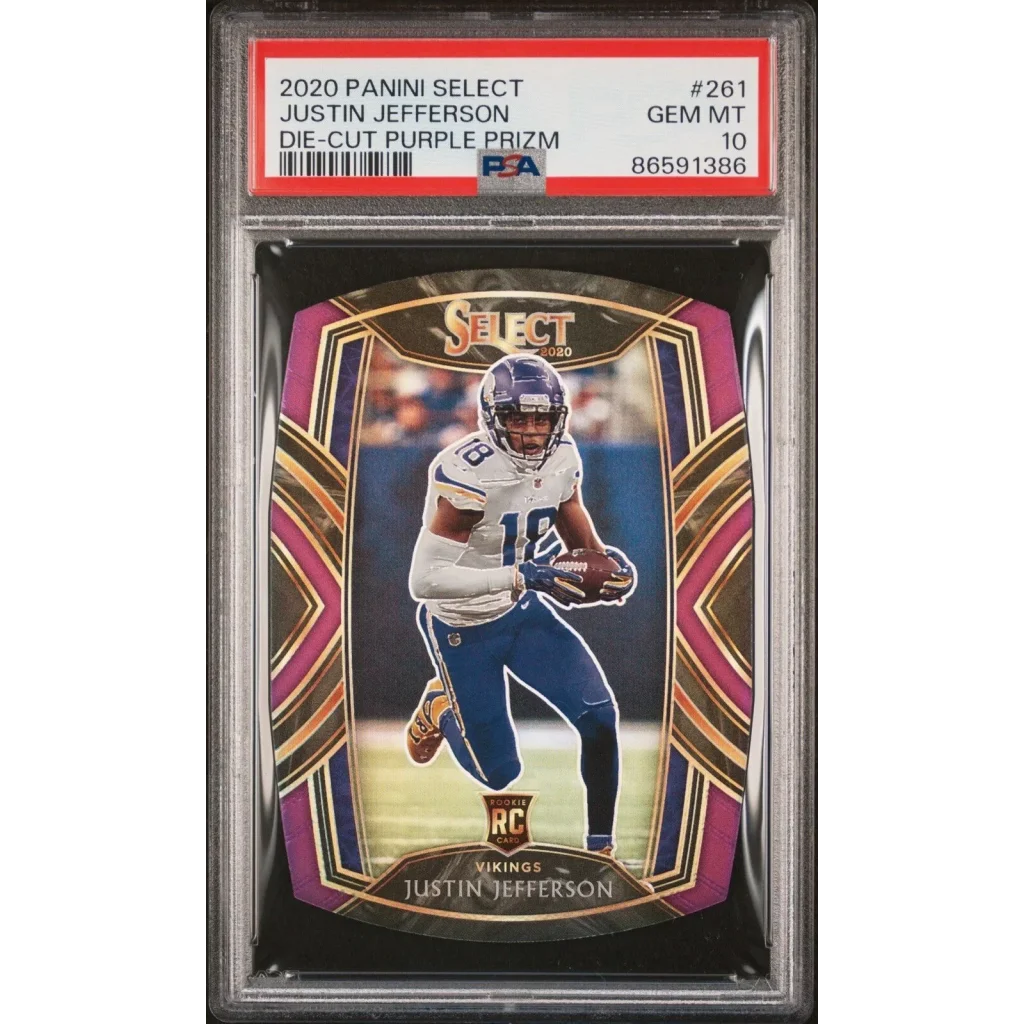 A graded 2020 Panini Select Justin Jefferson Purple Prizm Die-Cut football card in PSA 10 GEM MT condition
