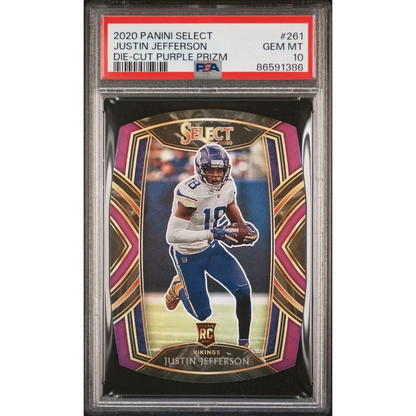 A graded 2020 Panini Select Justin Jefferson Purple Prizm Die-Cut football card in PSA 10 GEM MT condition