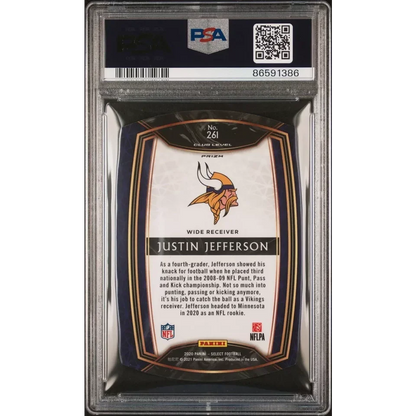 Justin Jefferson Purple Prizm Die Cut football card in PSA 10 GEM MINT slab