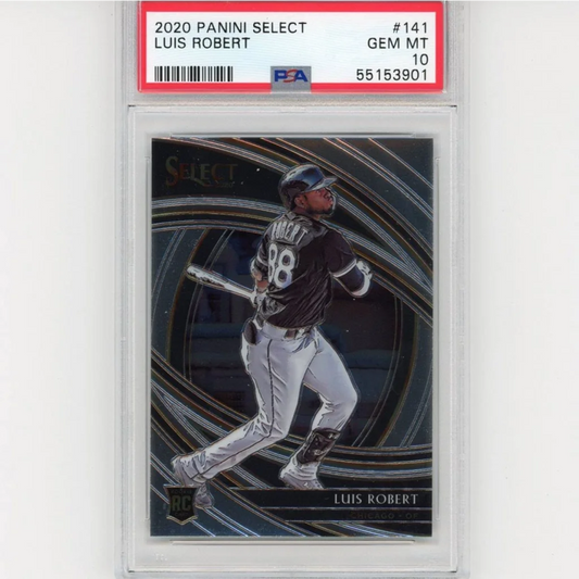 Encased 2020 Panini Select Luis Robert rookie card graded GEM MT 10 in PSA 10 holder