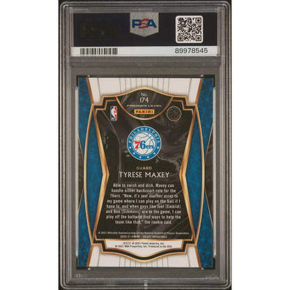 A graded 2020-21 Panini Select Tyrese Maxey Blue Retail Basketball Card