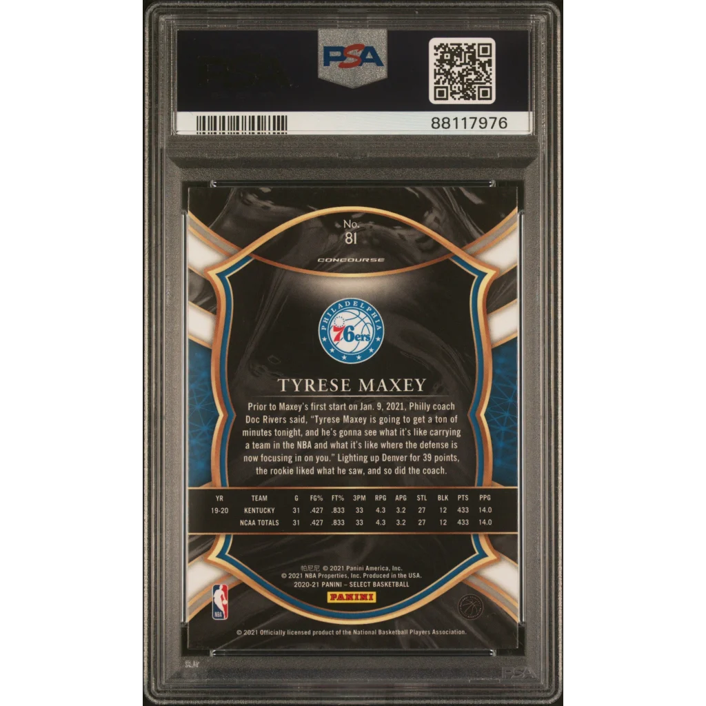 Graded 2020 Panini Select Tyrese Maxey #81 Blue Retail Rookie RC Basketball Card PSA 10 Gem Mint | PSA 10 Gem Mint Graded Rookie Card | vintageantiquesgifts.com