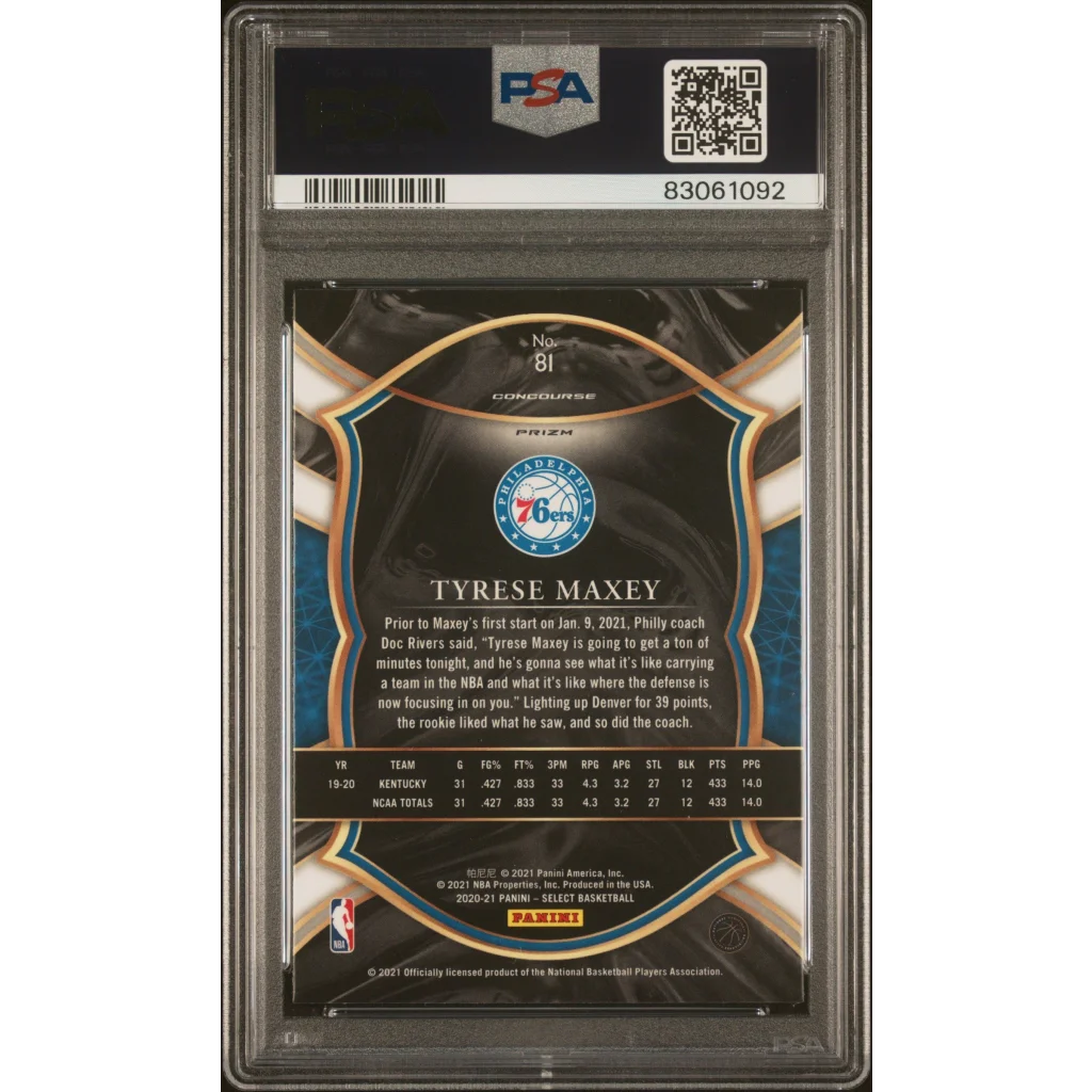 Graded 2020 Panini Select Tyrese Maxey #81 Red/White/Orange Shimmer Rookie RC Basketball Card PSA 10 Gem Mint | PSA 10 Gem Mint Graded Rookie Card | vintageantiquesgifts.com