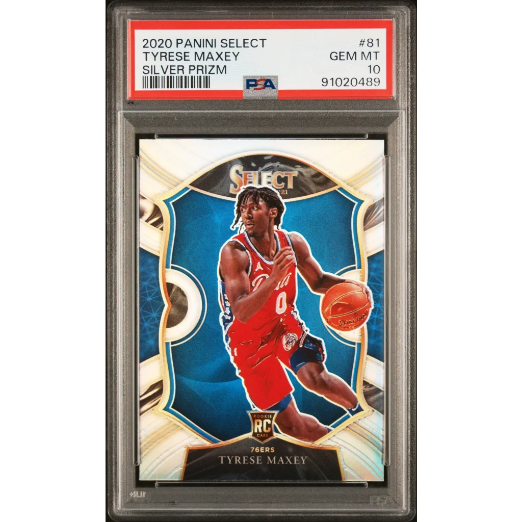 PSA graded Tyrese Maxey Silver Prizm 2020 rookie basketball card ready to score