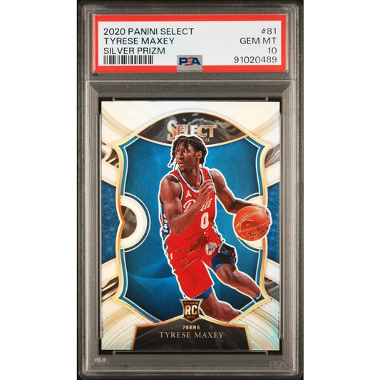 PSA graded Tyrese Maxey Silver Prizm 2020 rookie basketball card ready to score