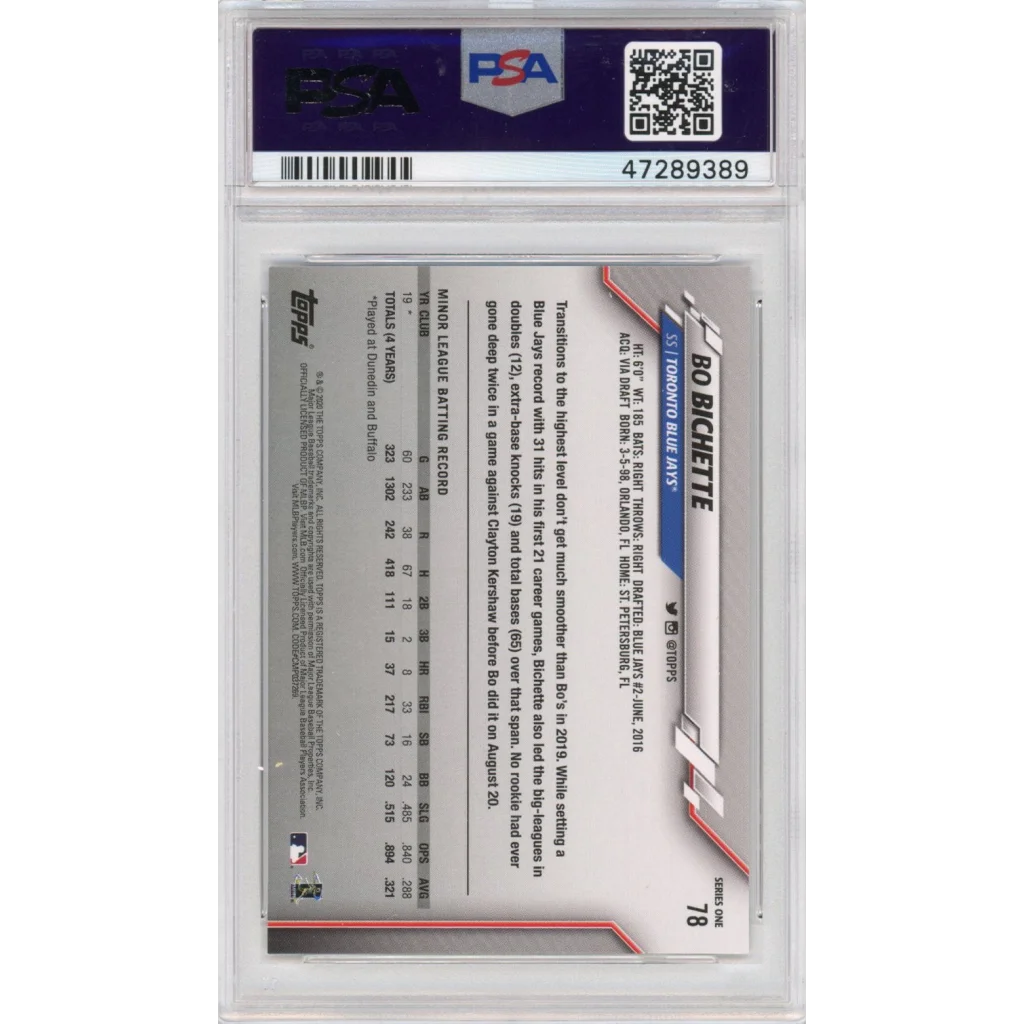 Bo Bichette 2020 Topps PSA 10 GEM MINT graded baseball card in a slab
