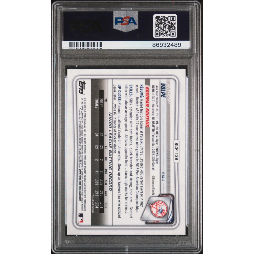 Graded 2020 Topps Bowman Chrome Anthony Volpe #BCP139 Prospects Rookie RC Baseball Card PSA 10 Gem Mint | PSA 10 Gem Mint Graded Rookie Card | vintageantiquesgifts.com