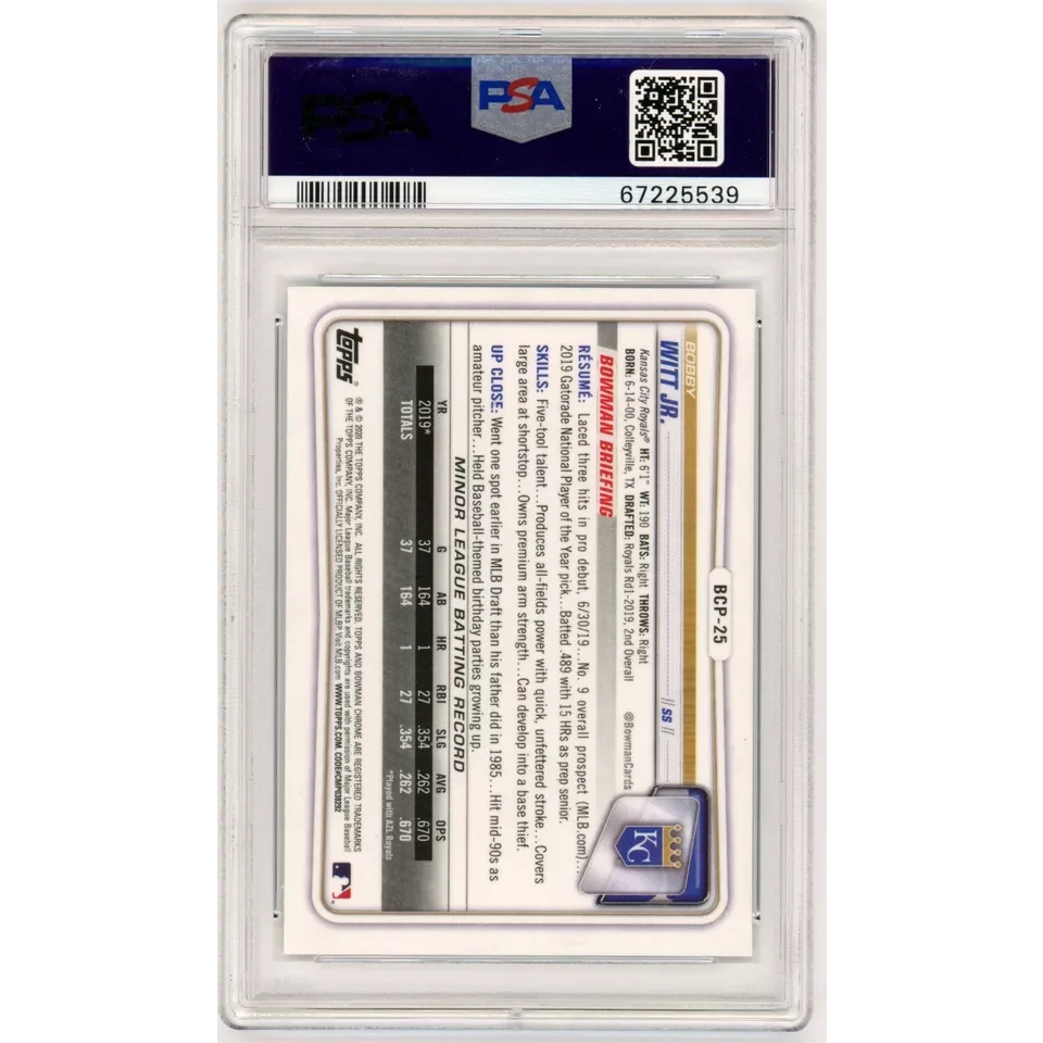 Graded 2020 Topps Bowman Chrome Bobby Witt Jr. #BCP25 Prospects Rookie RC Baseball Card PSA 10 Gem Mint | PSA 10 Gem Mint Graded Rookie Card | vintageantiquesgifts.com