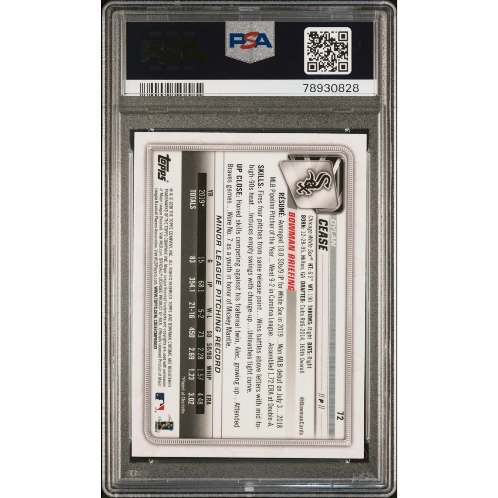 PSA graded 2020 Bowman Chrome Dylan Cease baseball card in protective slab