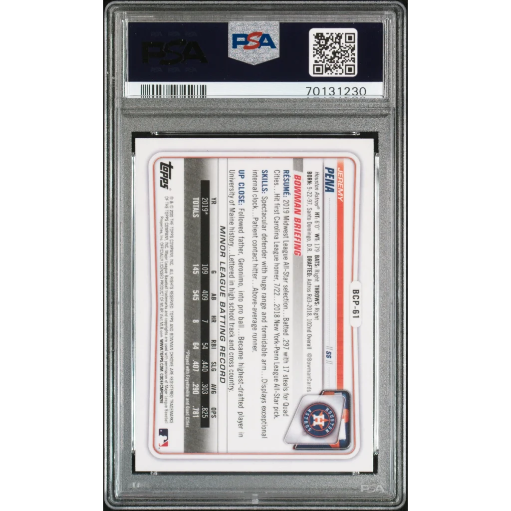 Graded 2020 Topps Bowman Chrome Jeremy Pena #BCP61 Prospects Rookie RC Baseball Card PSA 10 Gem Mint | PSA 10 Gem Mint Graded Rookie Card | vintageantiquesgifts.com