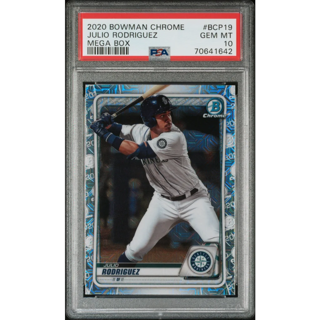 PSA 10 Julio Rodriguez 2020 Bowman Chrome Mega Box baseball card, gem mint grade