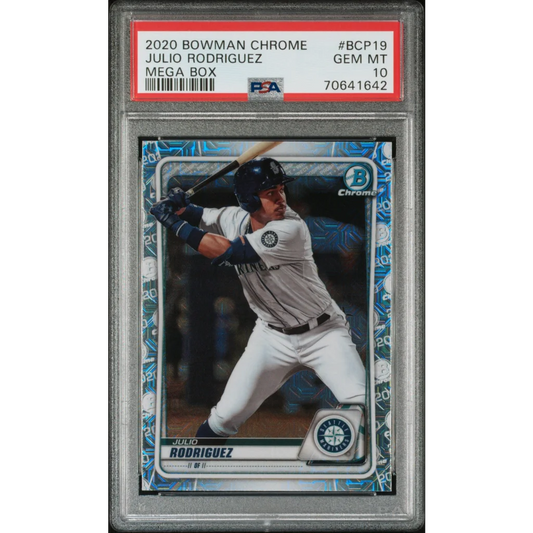 PSA 10 Julio Rodriguez 2020 Bowman Chrome Mega Box baseball card, gem mint grade
