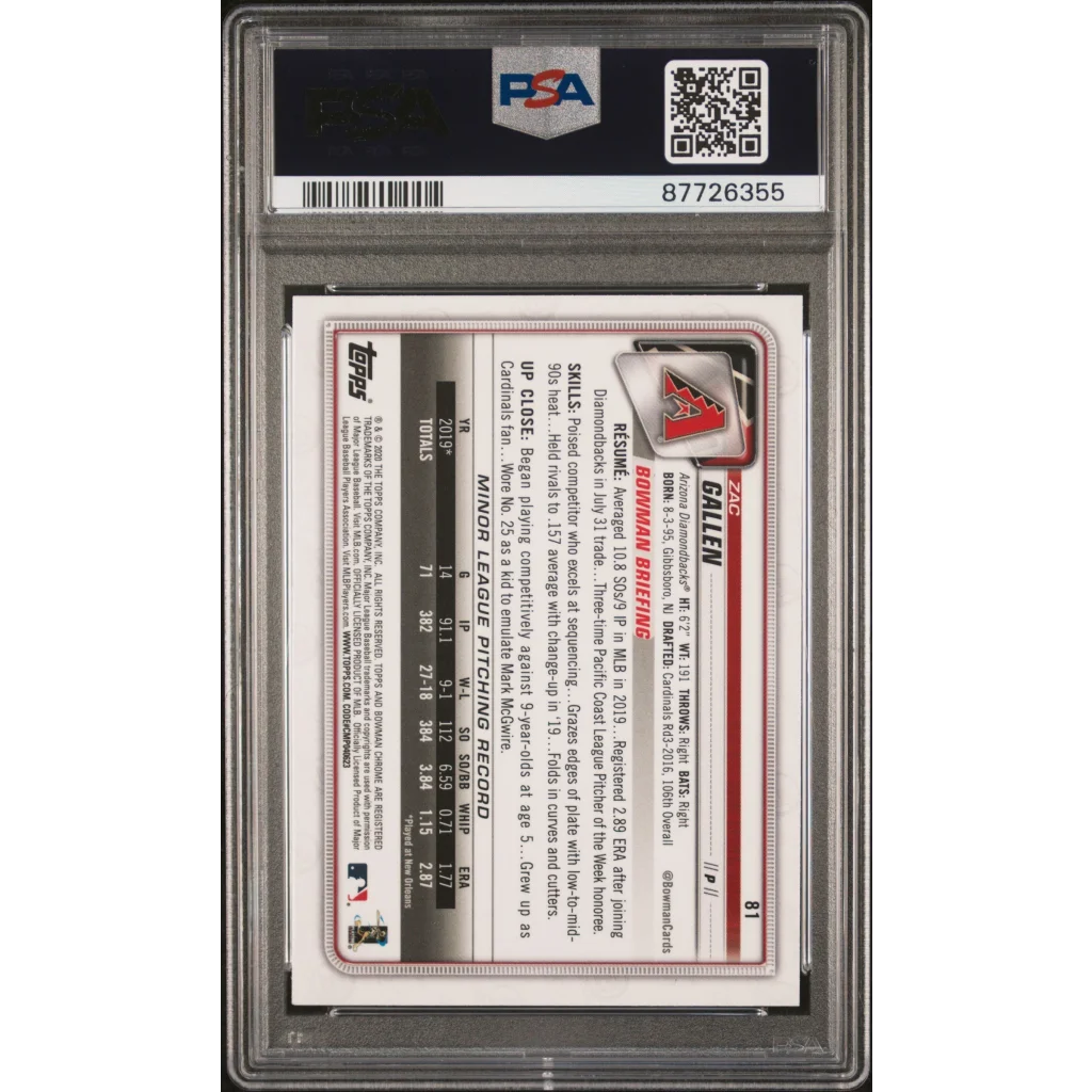 Graded 2020 Topps Bowman Chrome Zac Gallen #81 Rookie RC Baseball Card PSA 10 Gem Mint | PSA 10 Gem Mint Graded Rookie Card | vintageantiquesgifts.com