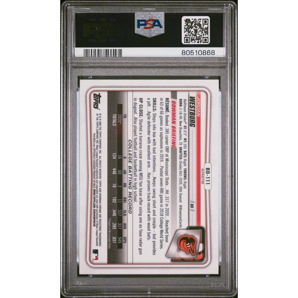 PSA graded card of Jordan Westburg Chrome Refractor Rookie from Topps Bowman Draft in protective slab