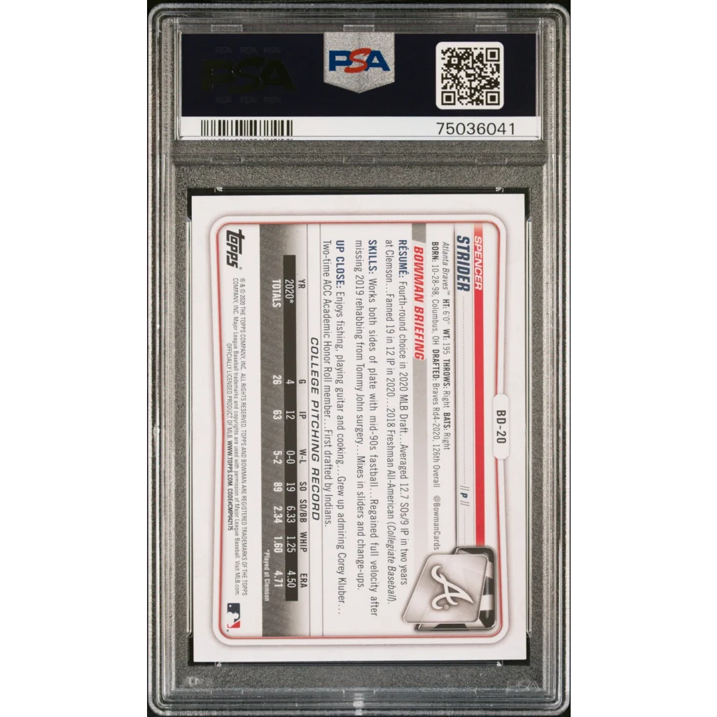 Graded 2020 Topps Bowman Draft Spencer Strider #BD20 Rookie RC Baseball Card PSA 10 Gem Mint | PSA 10 Gem Mint Graded Rookie Card | vintageantiquesgifts.com