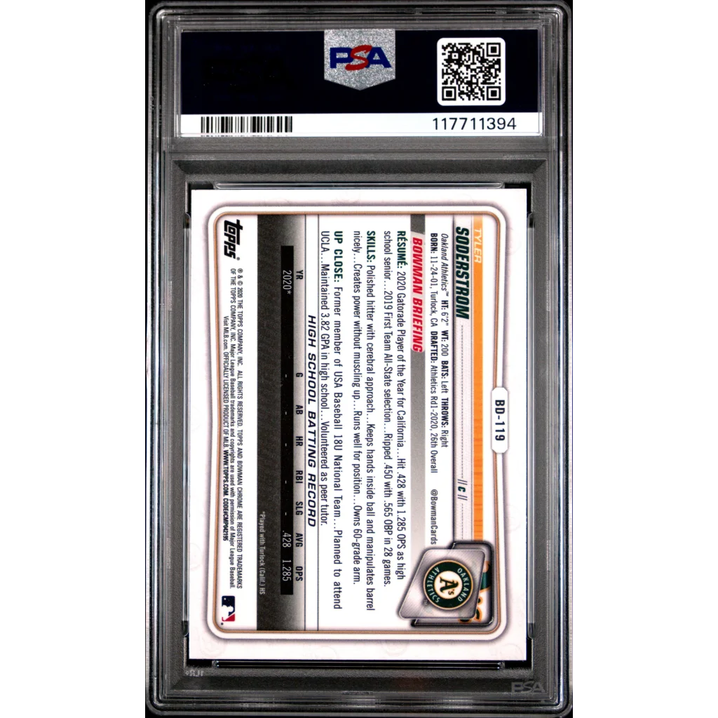 Graded 2020 Topps Bowman Draft Tyler Soderstrom BD-119 Chrome Rookie PSA 9