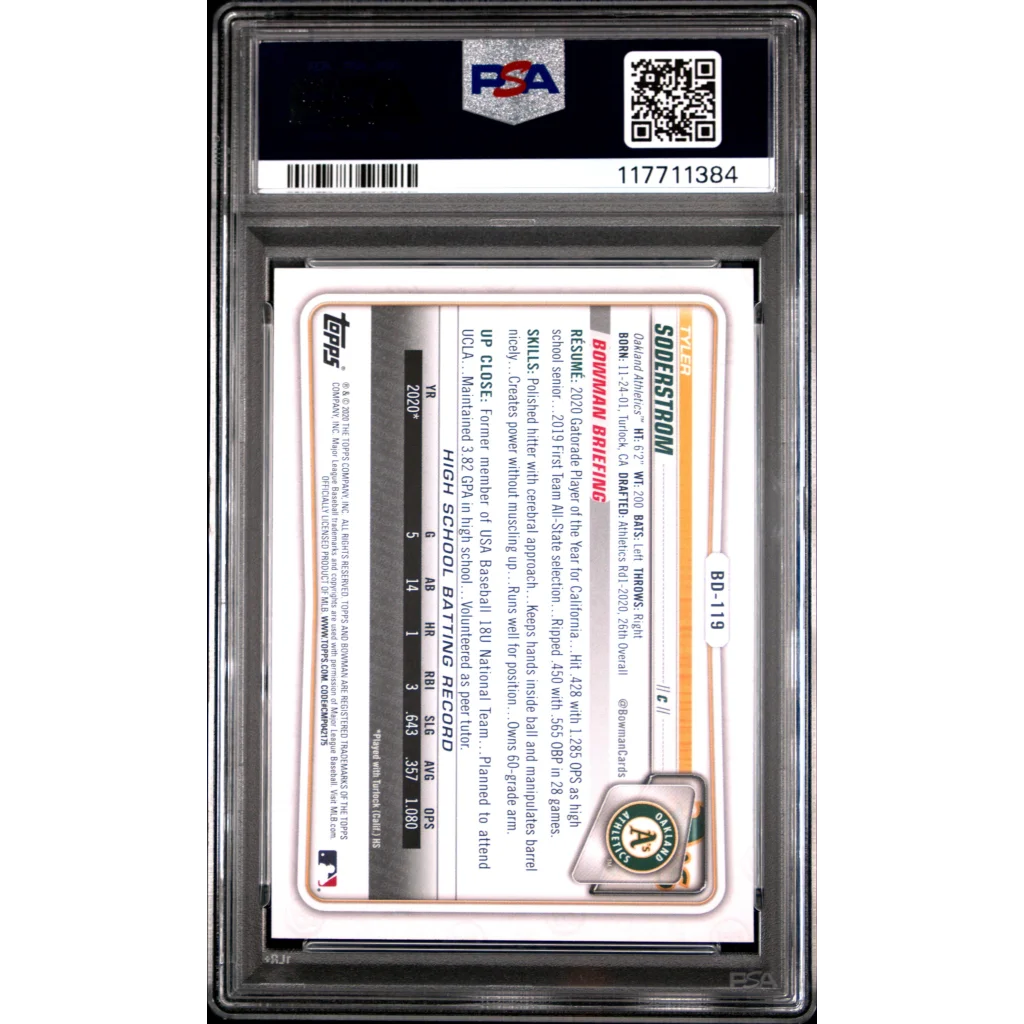 Graded 2020 Topps Bowman Draft Tyler Soderstrom #BD119 Rookie RC Baseball Card PSA 10 Gem Mint | PSA 10 Gem Mint Graded Rookie Card | vintageantiquesgifts.com