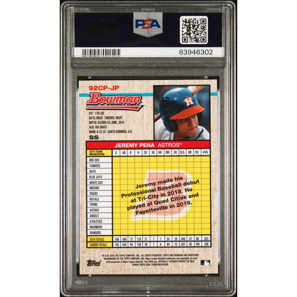 Graded 2020 Topps Bowman Heritage Jeremy Pena #JP Chrome Prospects Rookie RC Baseball Card PSA 10 Gem Mint | PSA 10 Gem Mint Graded Rookie Card | vintageantiquesgifts.com