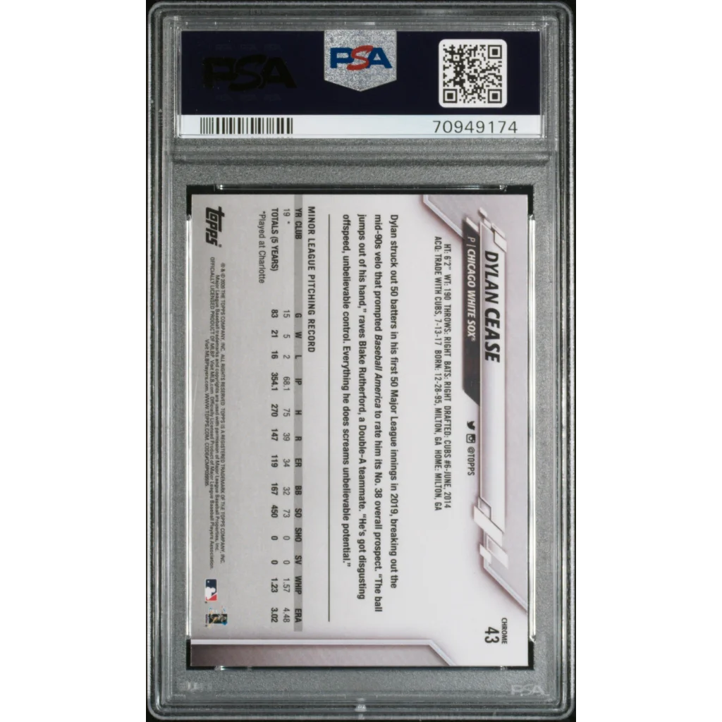 Graded 2020 Topps Chrome Dylan Cease rookie card back PSA 10, black and white stats