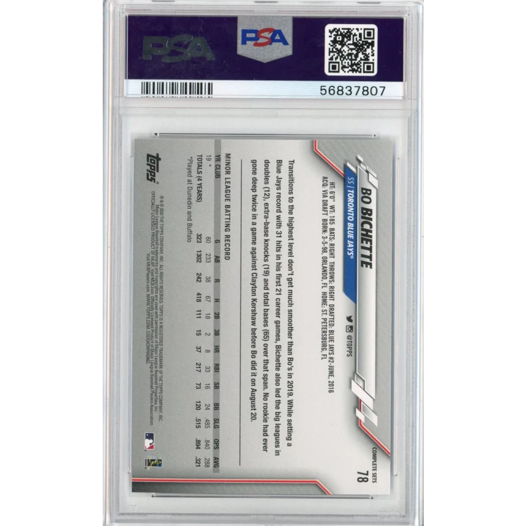 PSA 10 Graded 2020 Topps Bo Bichette #78 Rookie Card, Gem Mint